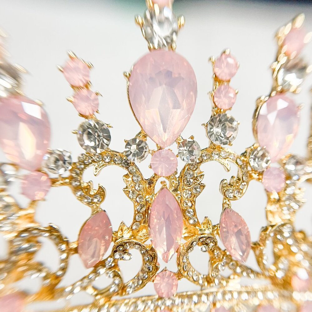 Pink and Gold Crystal Tiara Wedding Princess Gemstone Crown Adult women’s queen - Picture 9 of 11